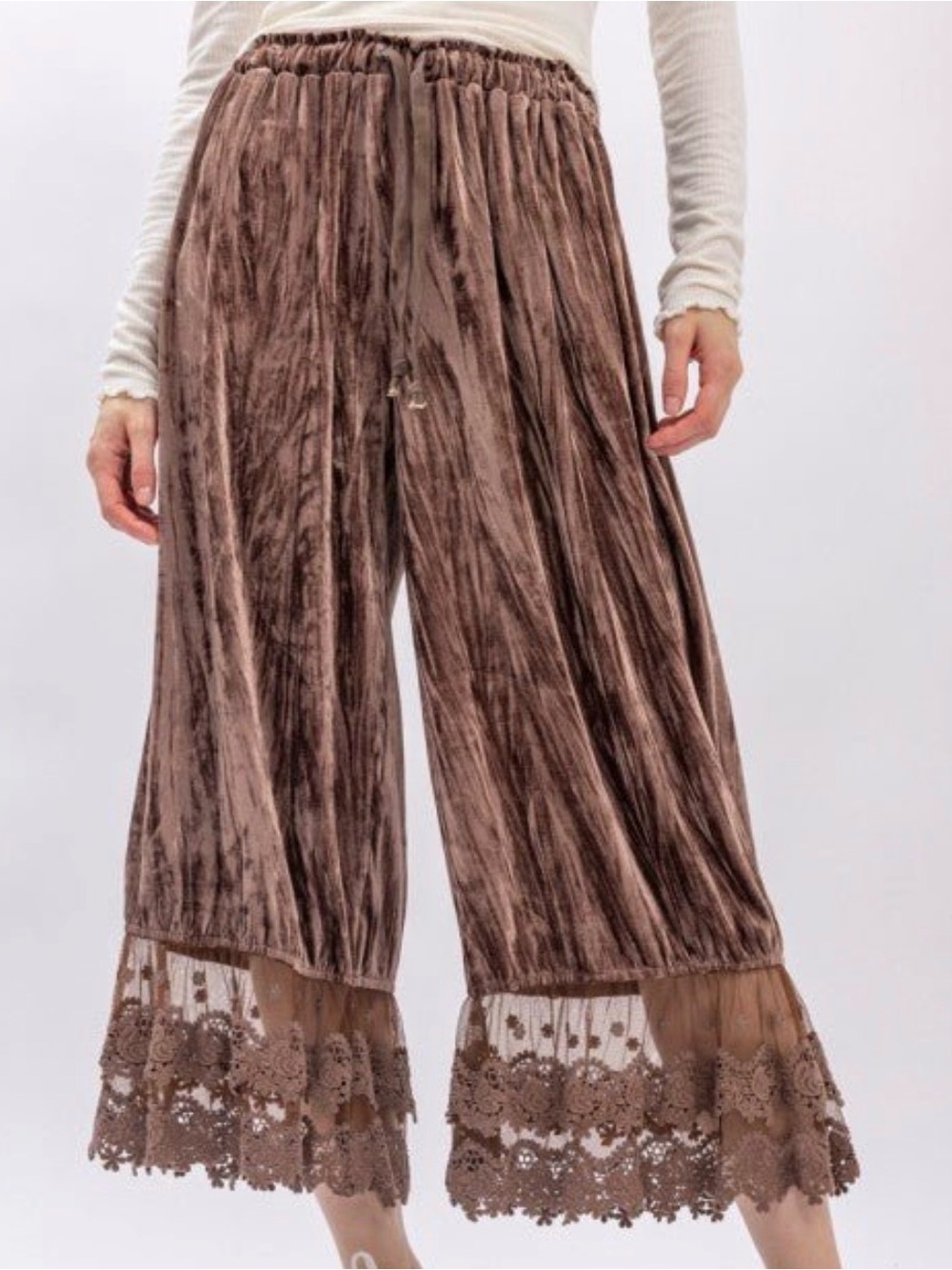 Crushed Velvet Pant with Lace Trim - Brown